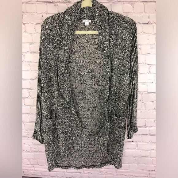 Splendid Open Knit Black White Texture Cardigan Faux Leather Trim Shawl Collar S - Picture 1 of 13